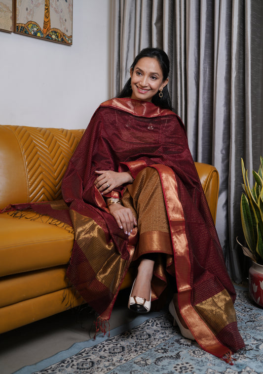 Brown and maroon Maheshwari Suit