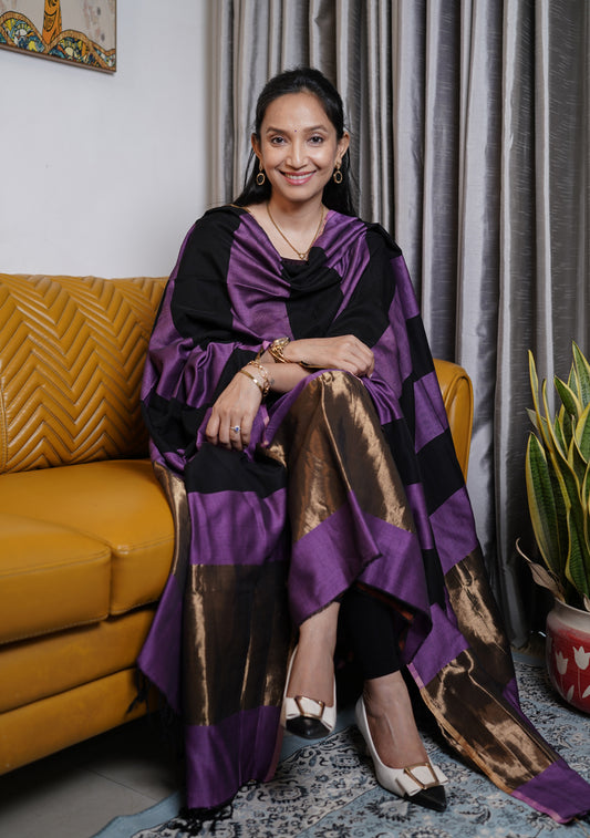 Purple and Black Maheshwari  Handloom Suit