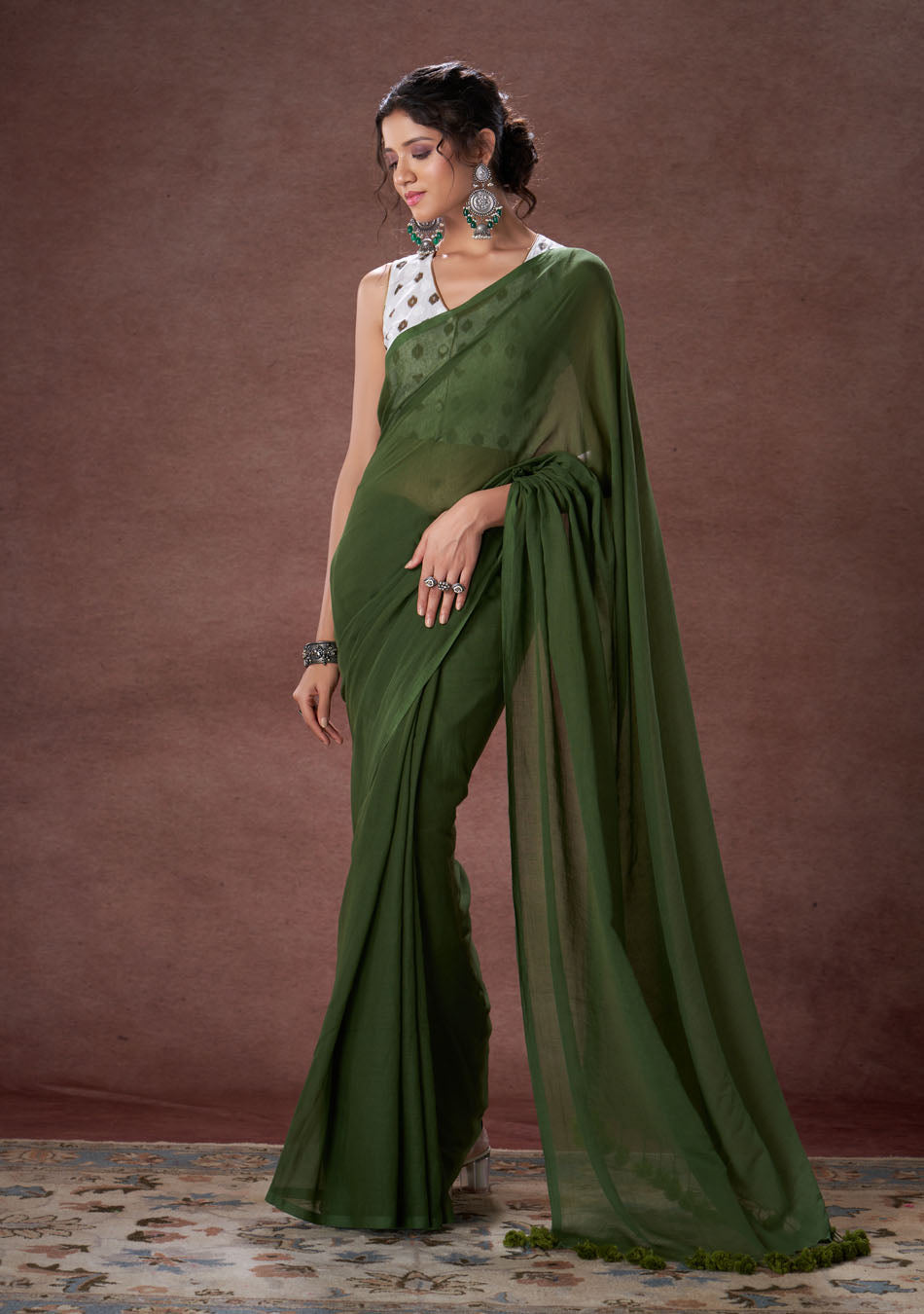 Fern Green Mulmul Saree