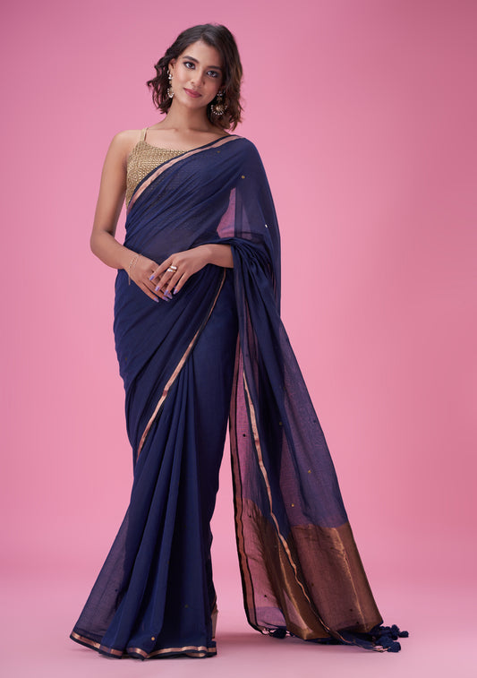 Navy Blue Zari Mulmul