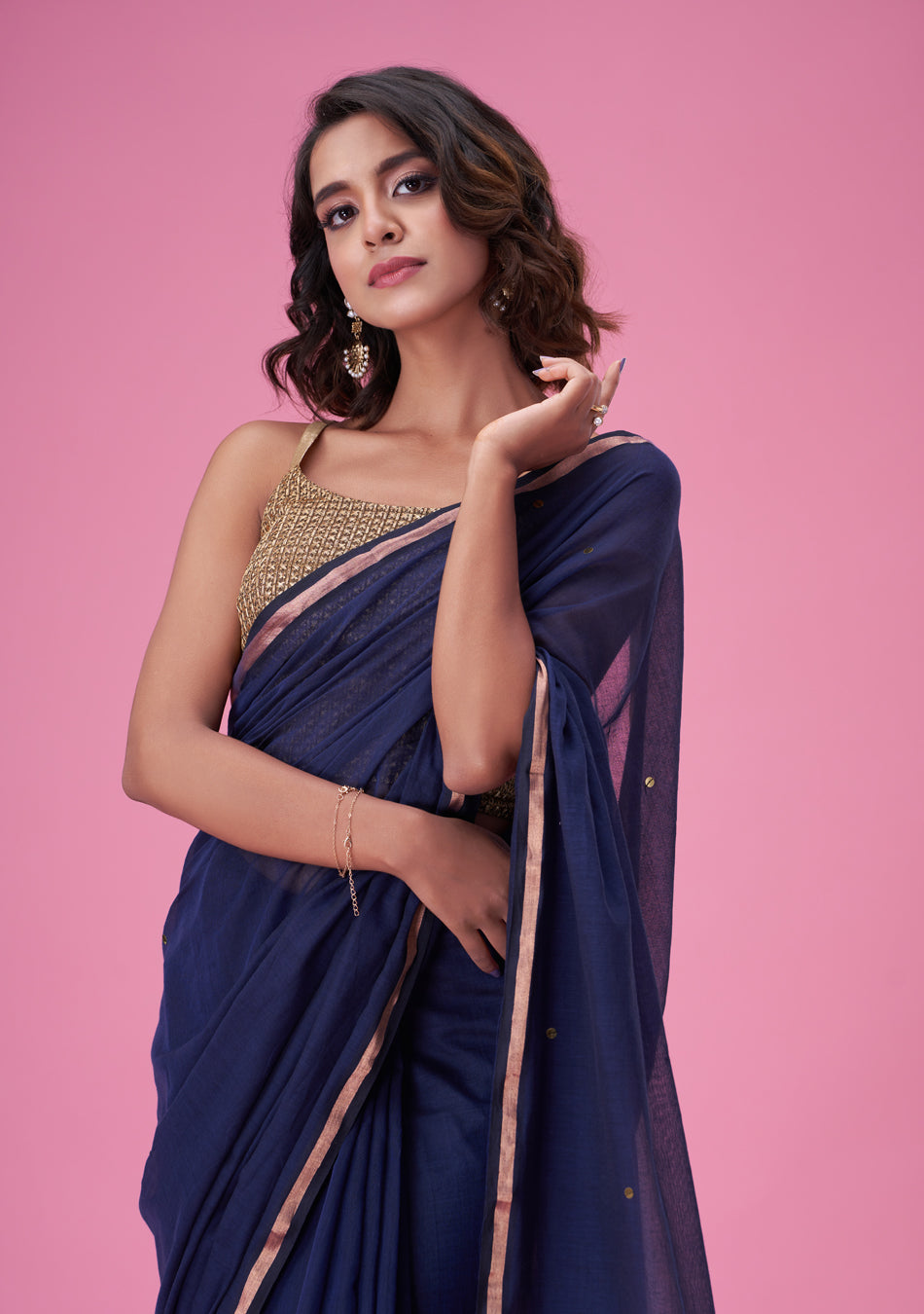 Navy Blue Zari Mulmul
