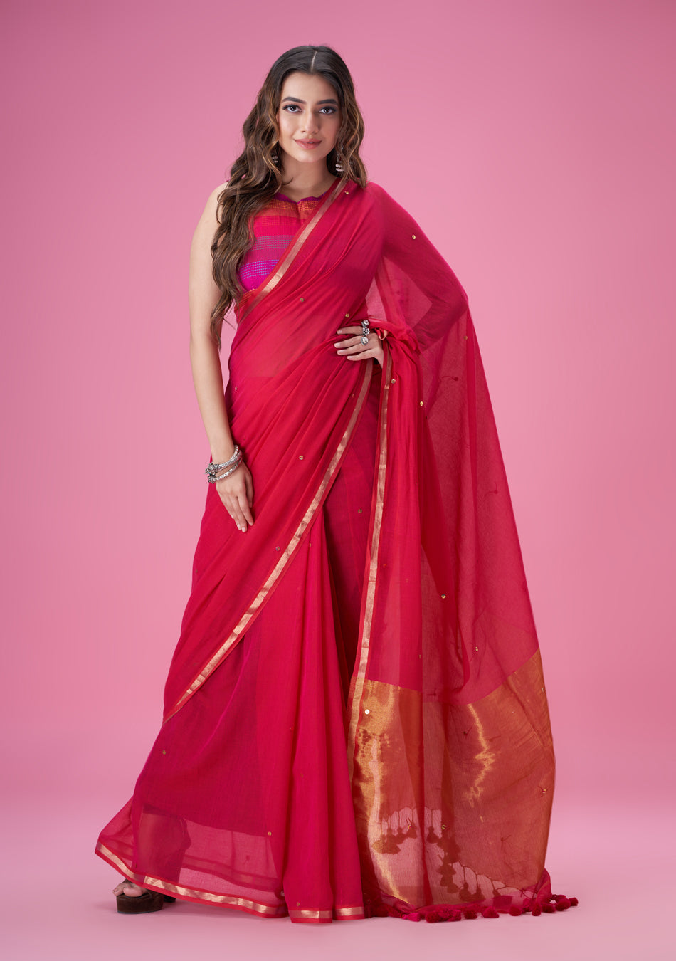 Pink Zari Mulmul