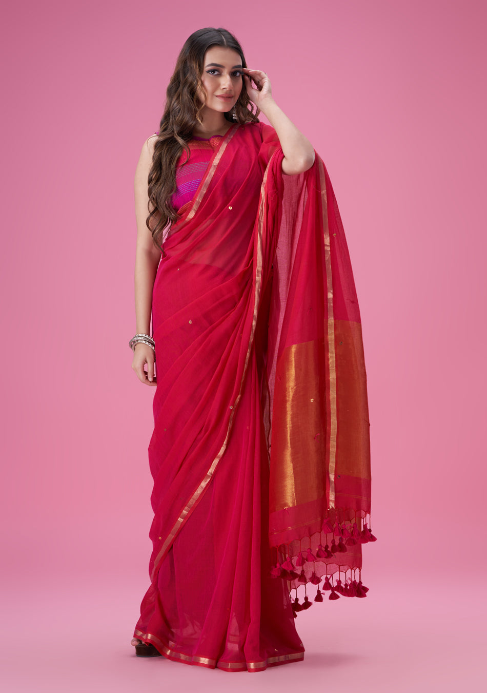 Pink Zari Mulmul