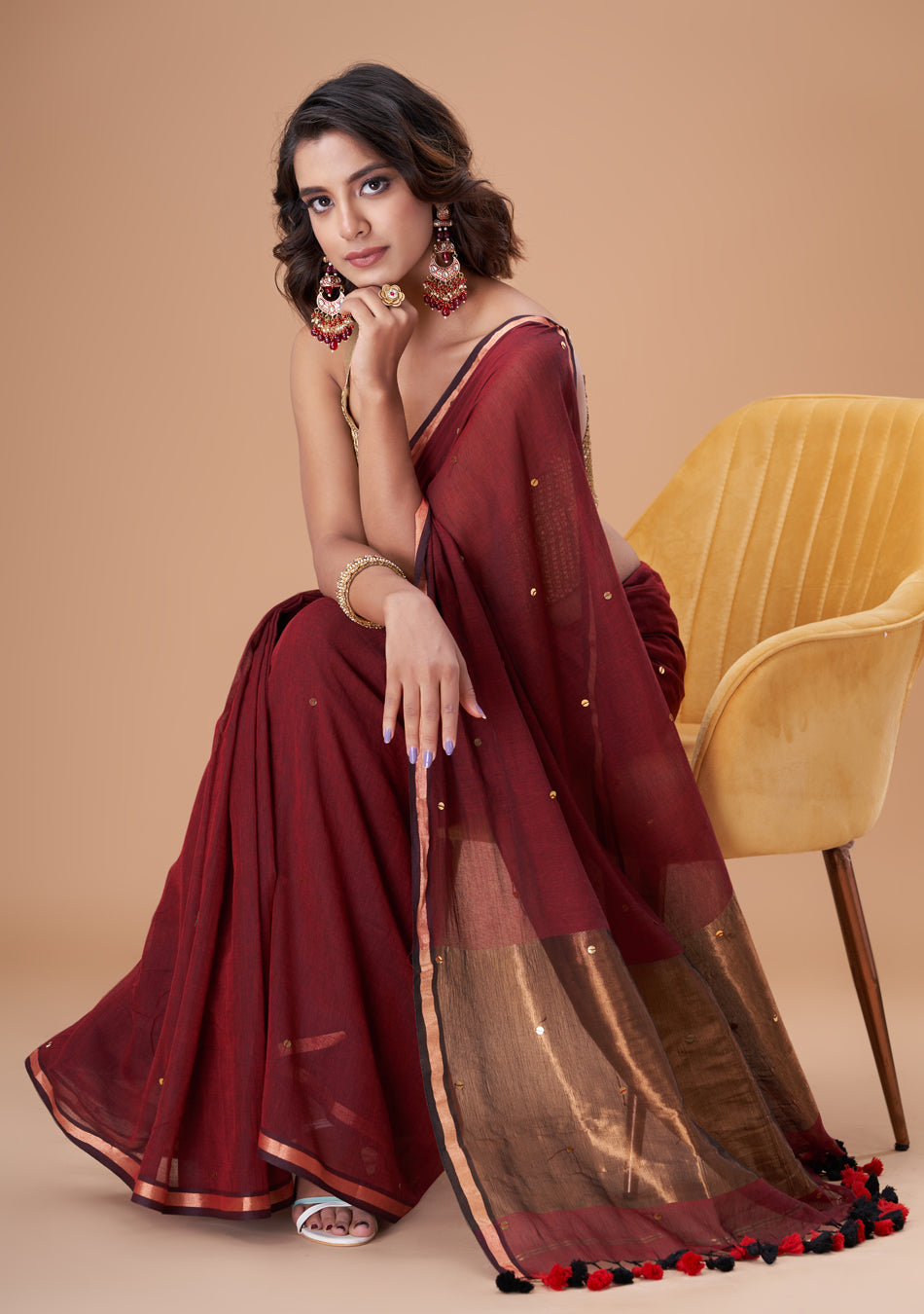 Maroon Zari Mulmul