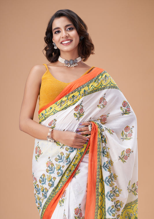 Narangi Mulmul Saree
