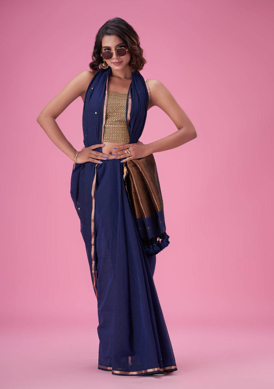 Navy Blue Zari Mulmul