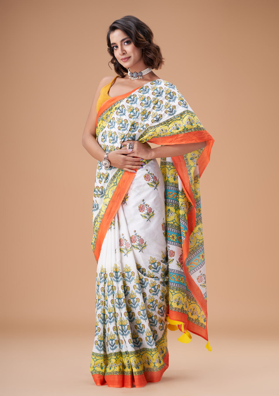Narangi Mulmul Saree