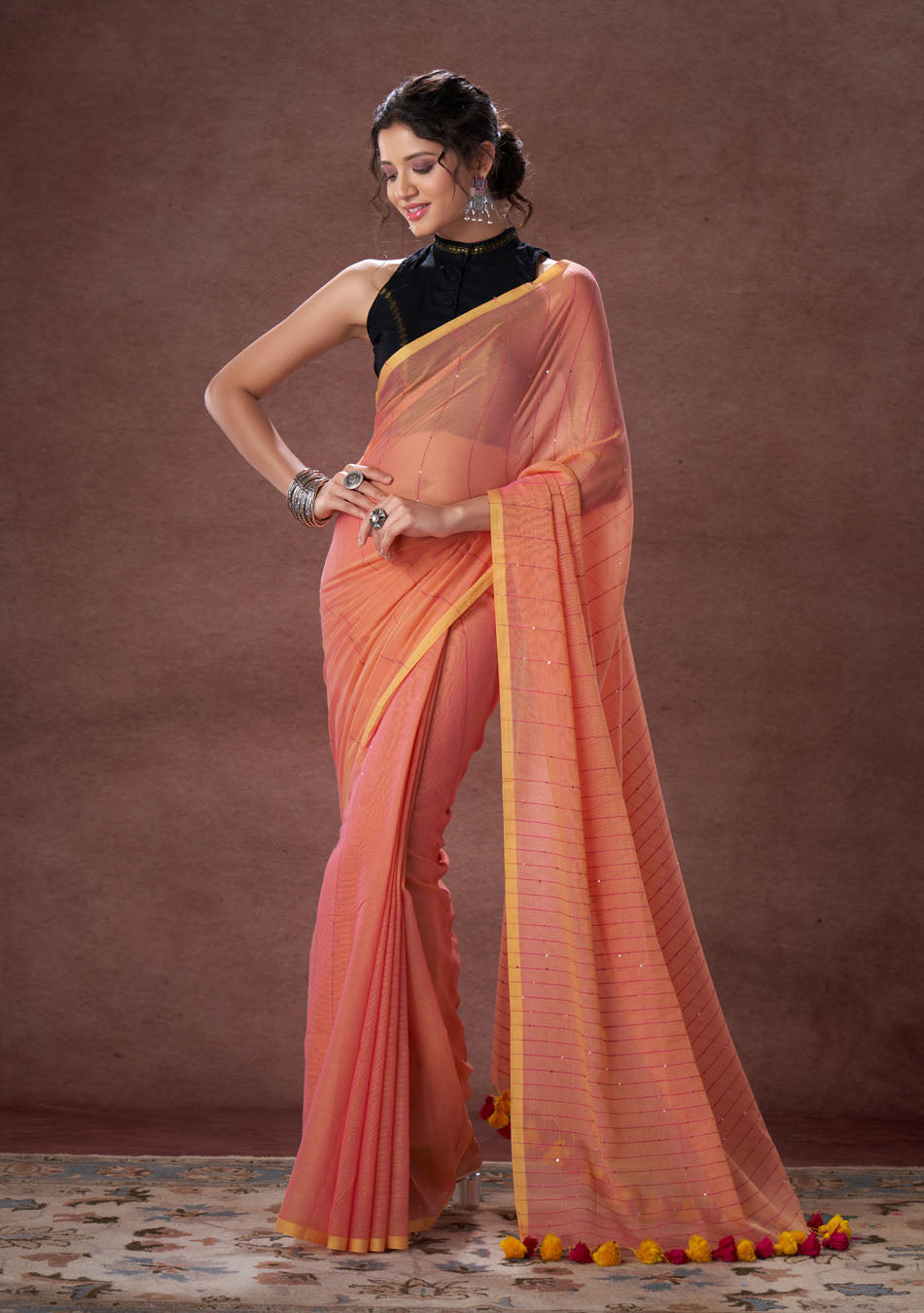 Gajari Sequence Mulmul Saree