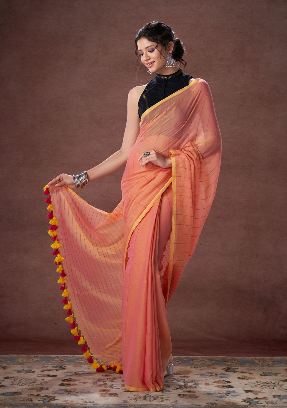 Gajari Sequence Mulmul Saree