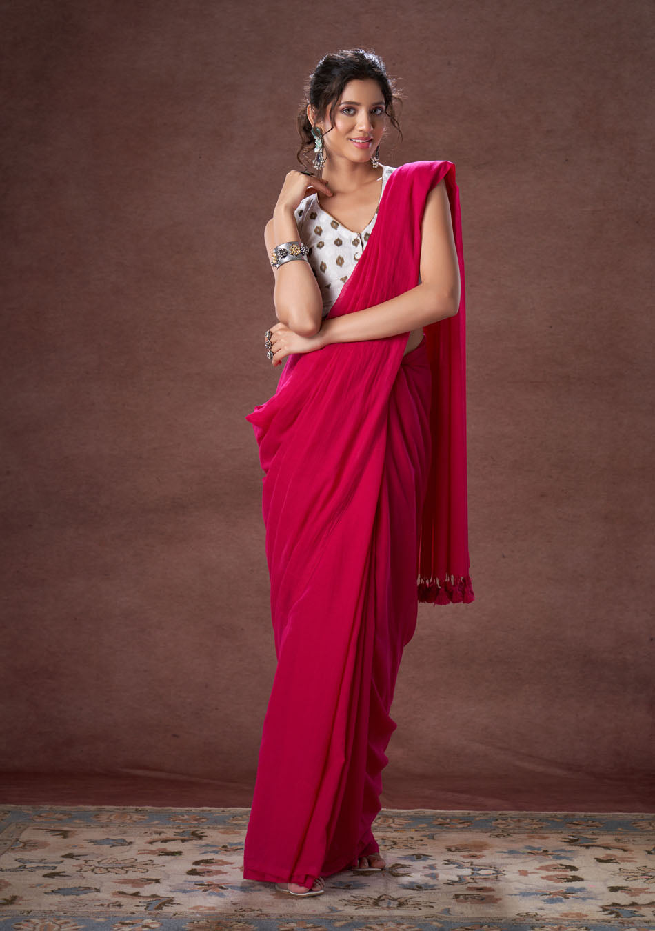 Wild Berry Mulmul Saree