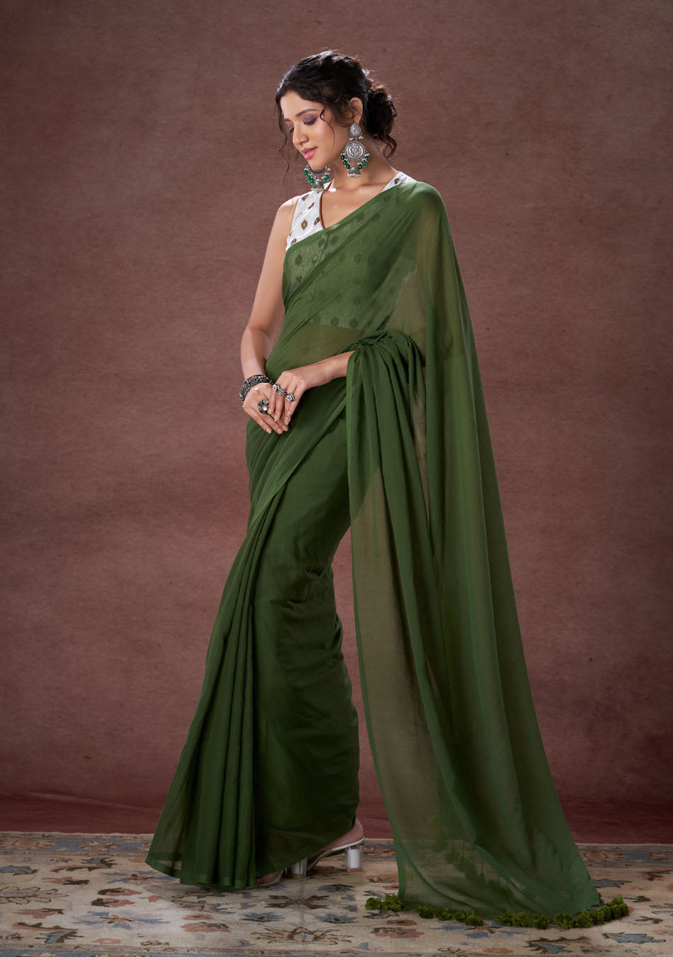 Fern Green Mulmul Saree