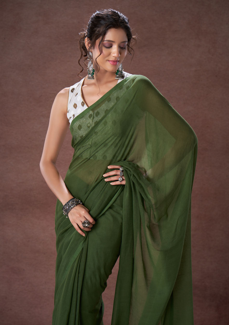 Fern Green Mulmul Saree
