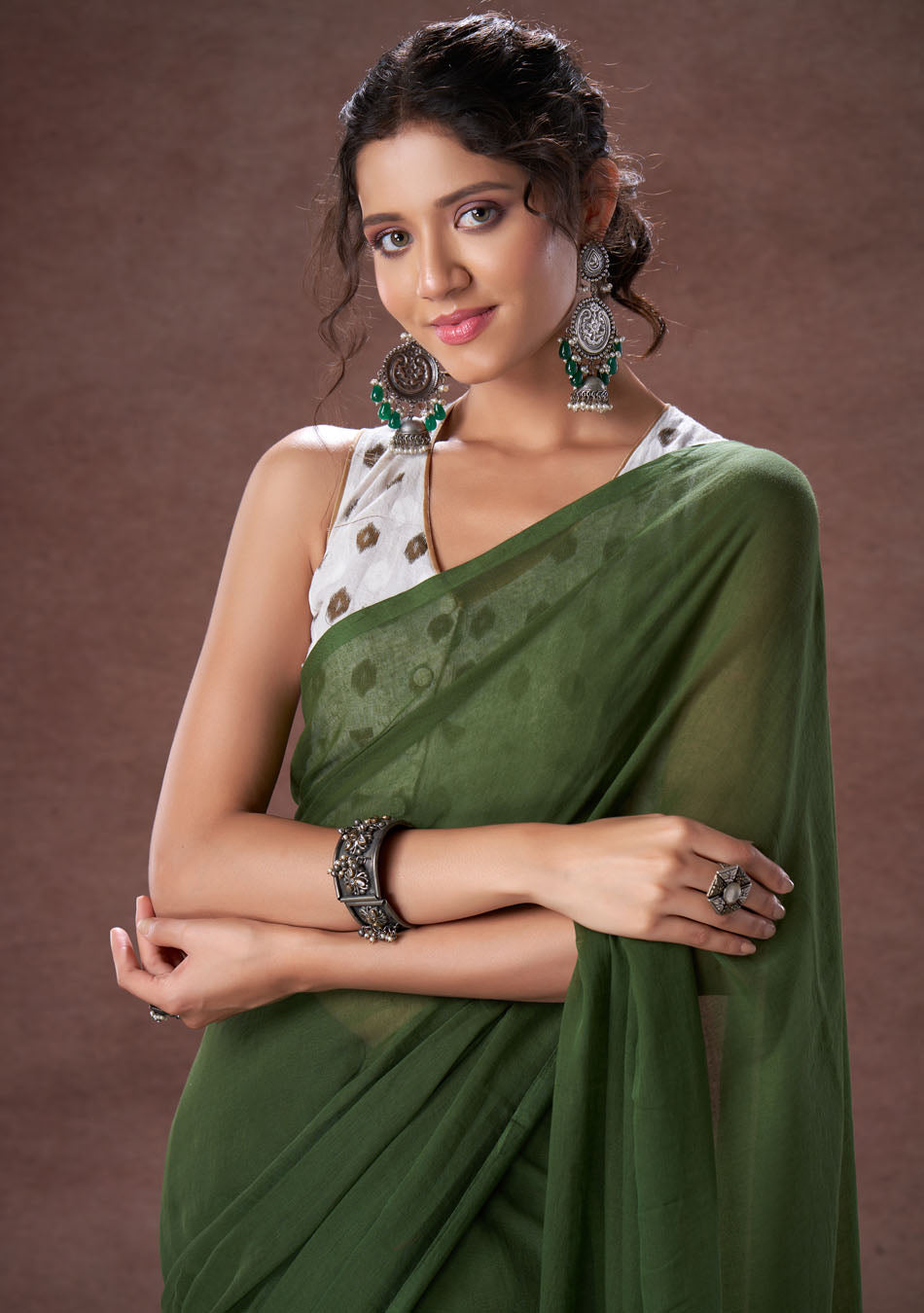 Fern Green Mulmul Saree