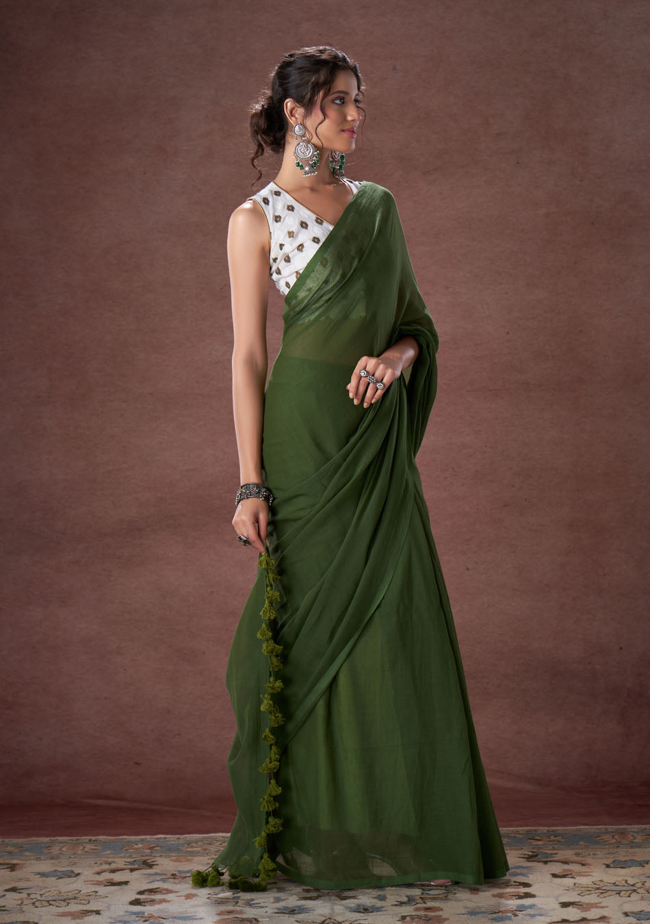 Fern Green Mulmul Saree