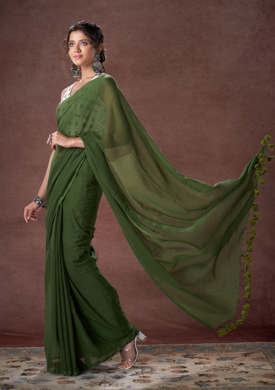 Fern Green Mulmul Saree
