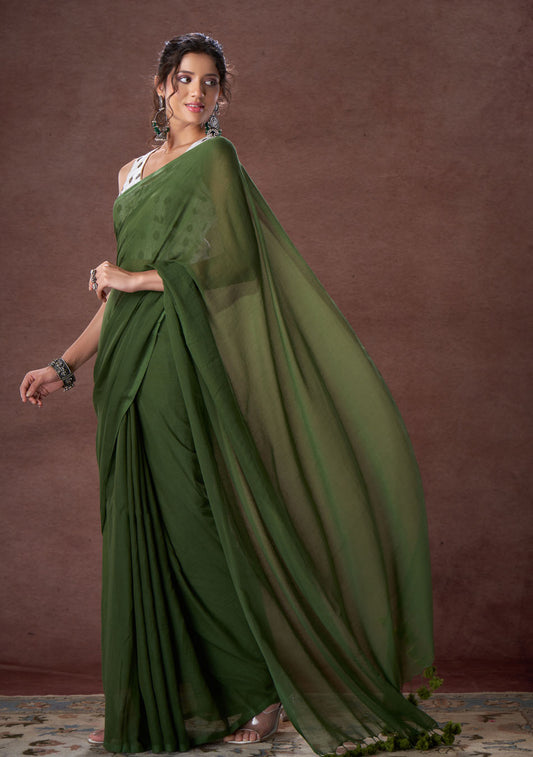 Fern Green Mulmul Saree