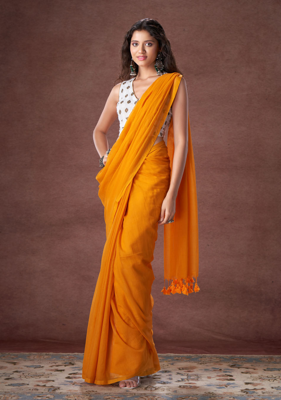 Marigold Mulmul Saree