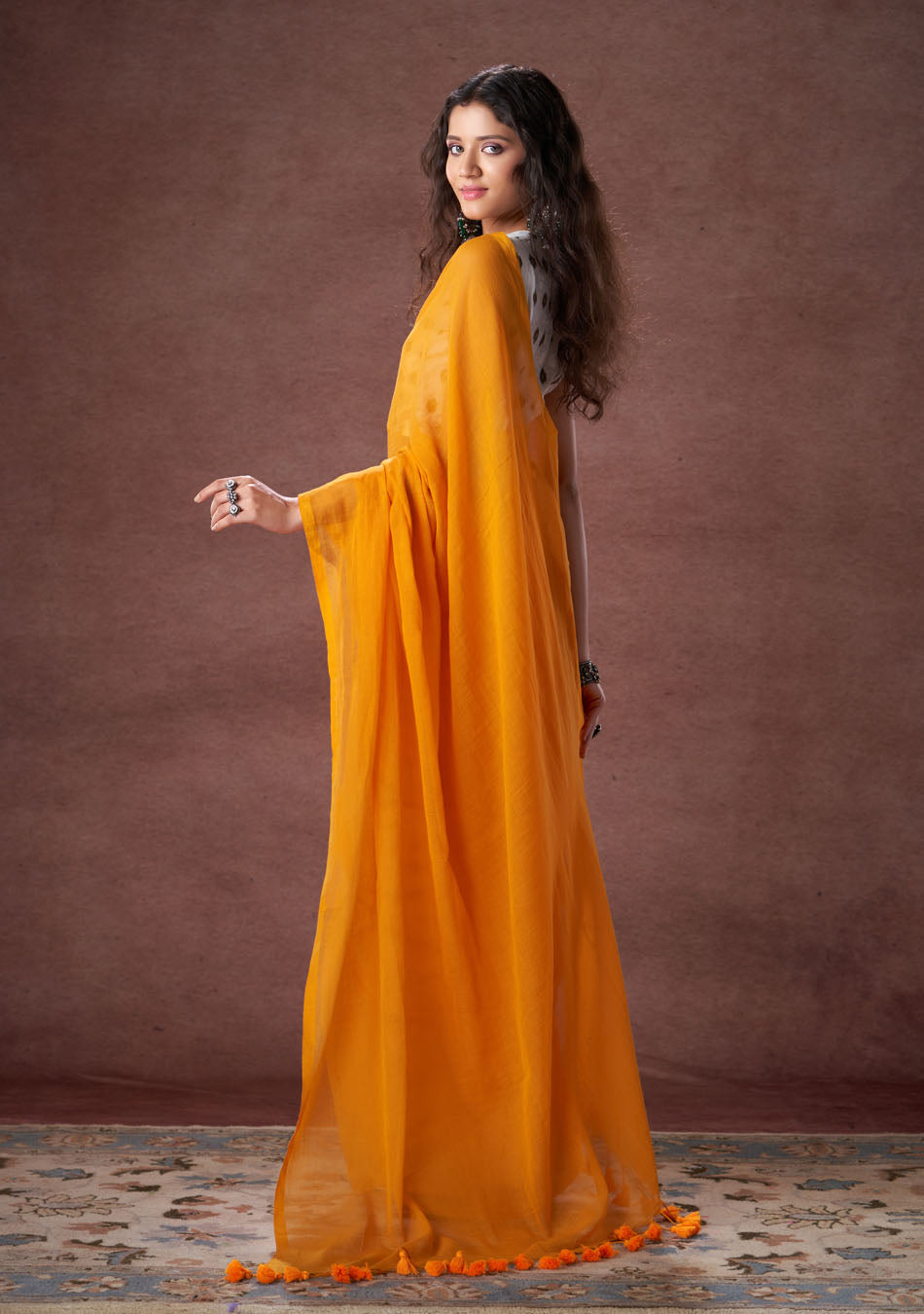 Marigold Mulmul Saree