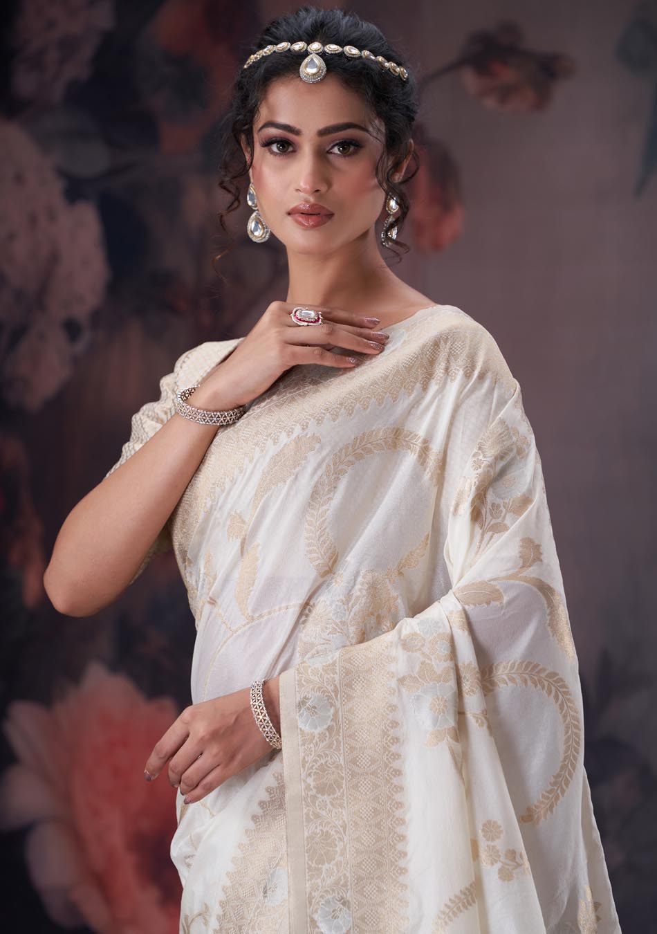 Beige Golden Gorgette Saree