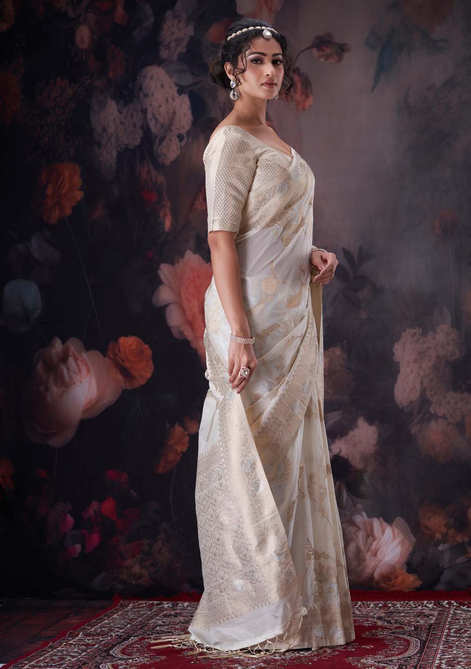 Beige Golden Gorgette Saree