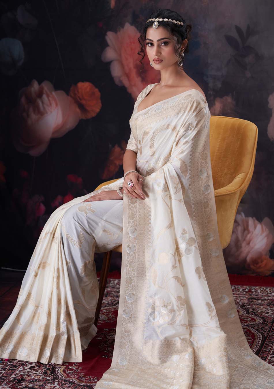 Beige Golden Gorgette Saree