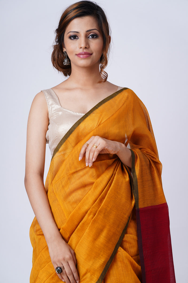 The Mustard and Royal Maroon Cotton Saree