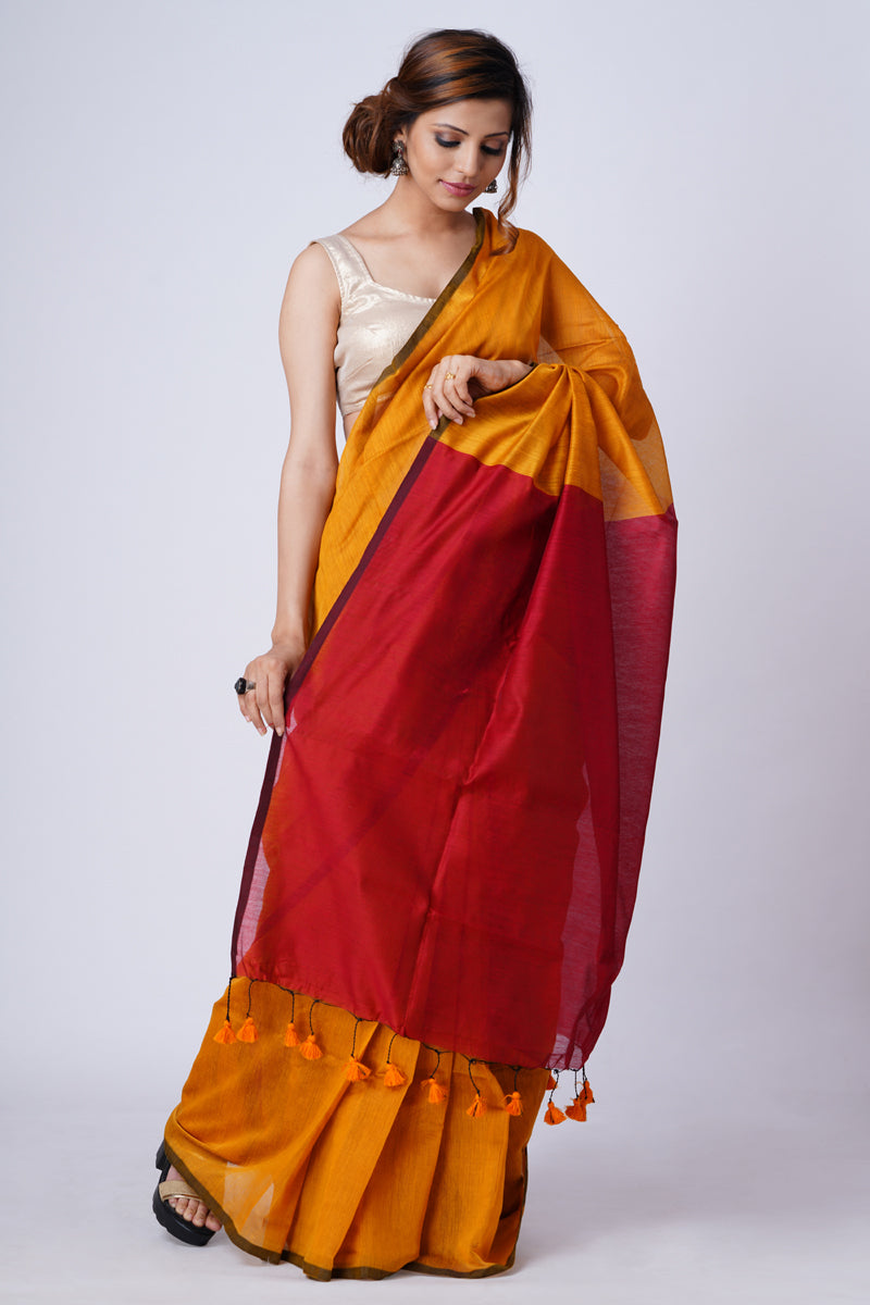 The Mustard and Royal Maroon Cotton Saree