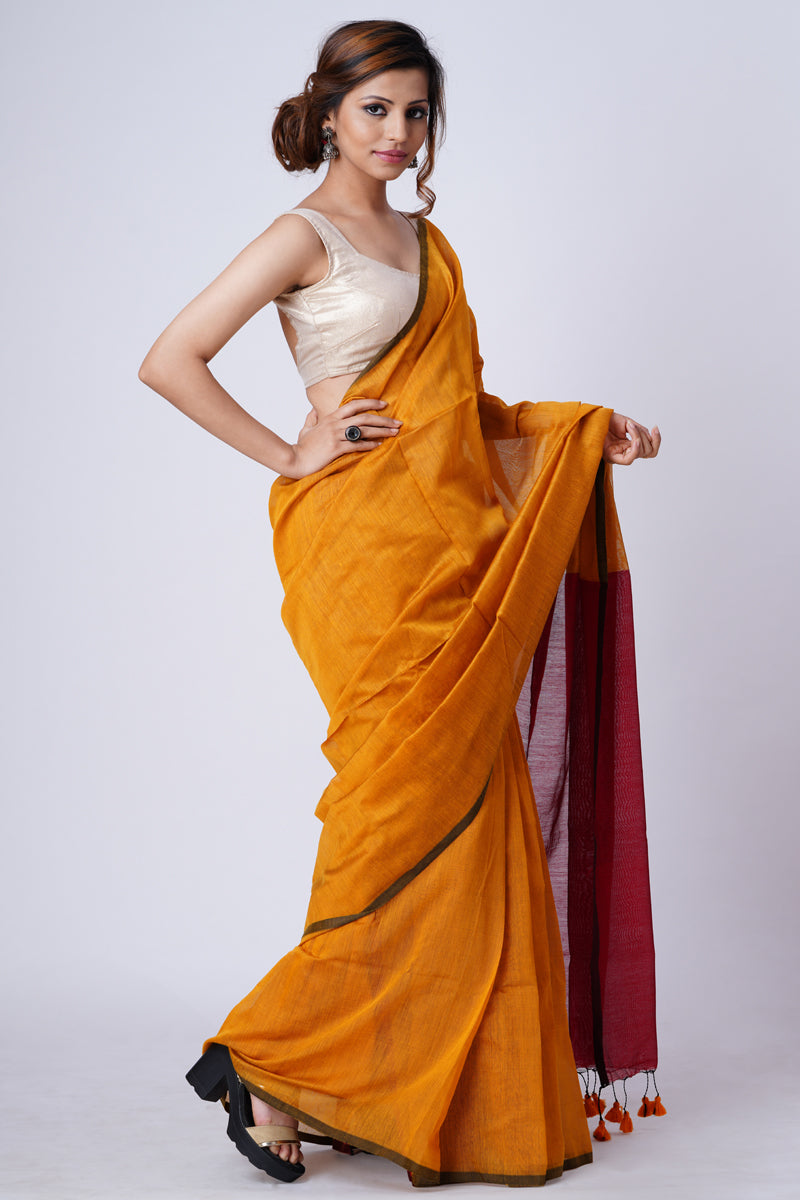 The Mustard and Royal Maroon Cotton Saree