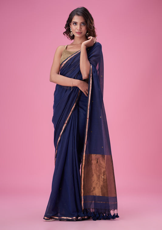 Navy Blue Zari Mulmul