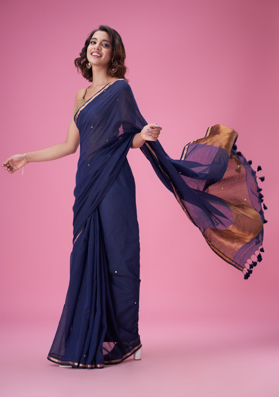 Navy Blue Zari Mulmul