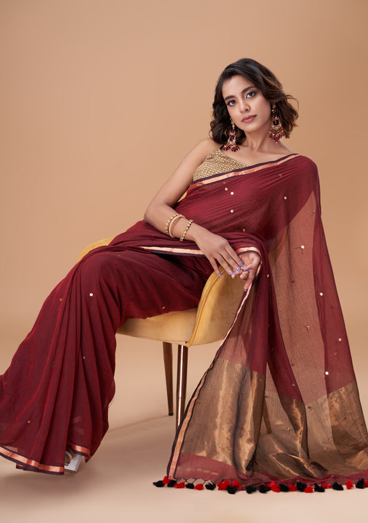 Maroon Zari Mulmul