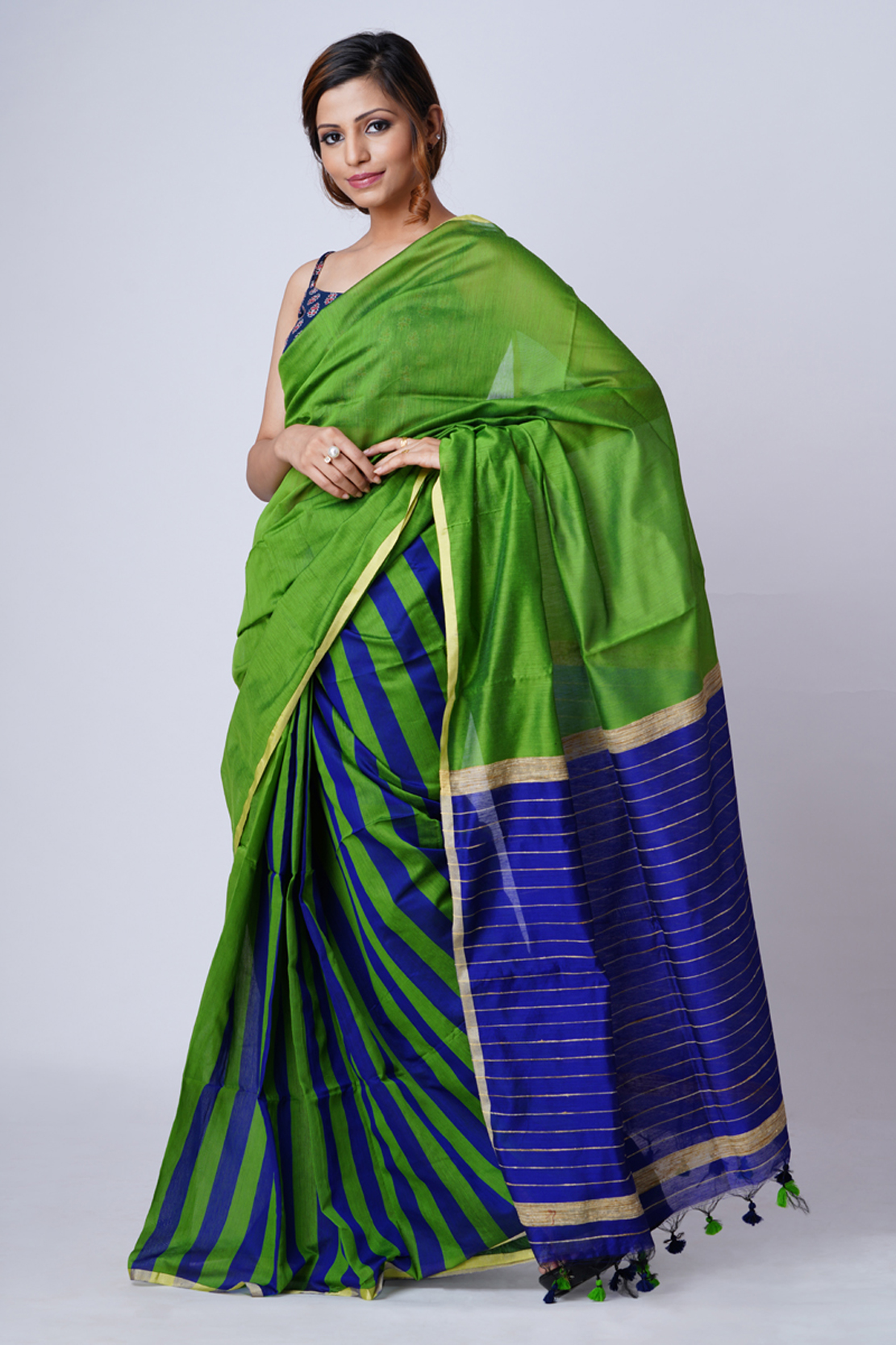  The Leaf Green and Royal Blue Silk Cotton...