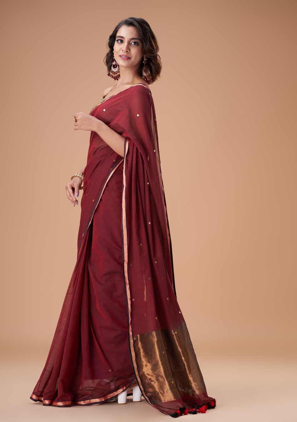 Maroon Zari Mulmul